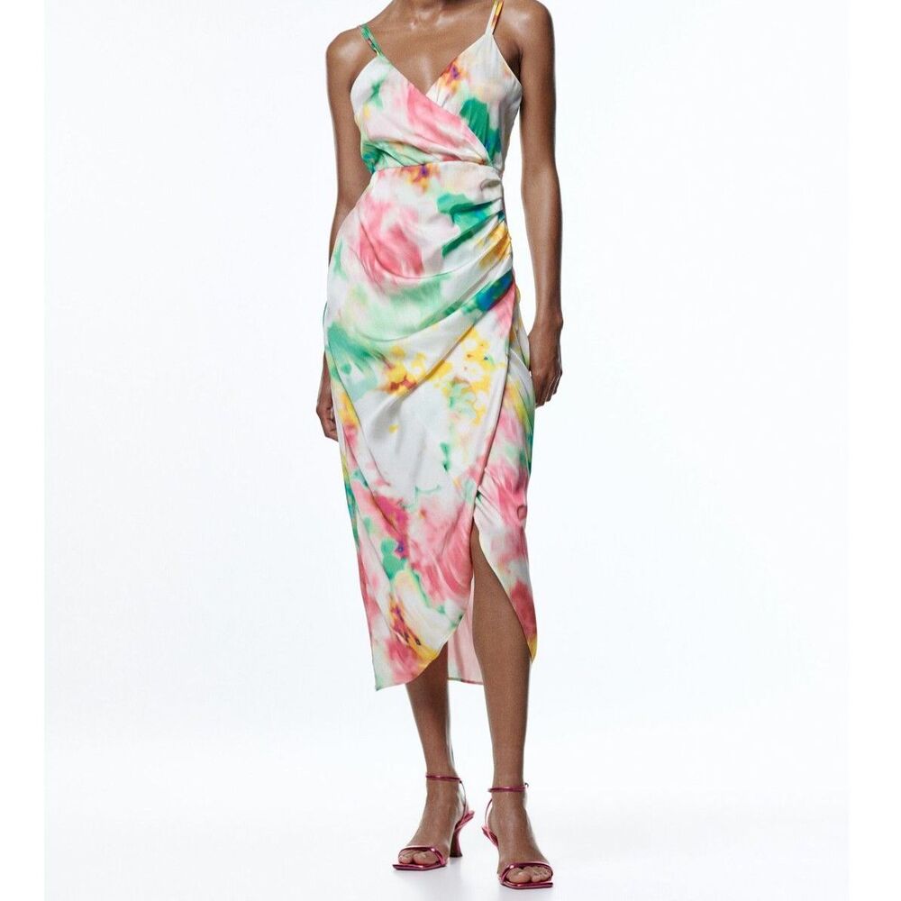 Zara NWT Womens XS Slip Sundress Asymmetrical Cowl Neck Floral Satin Sleeveless